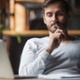 Man sitting back in a chair, looking confused at his computer screen. 