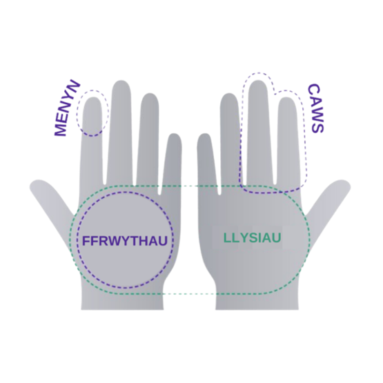 Hands visual food portions guide for butter, fruit, vegetables and cheese